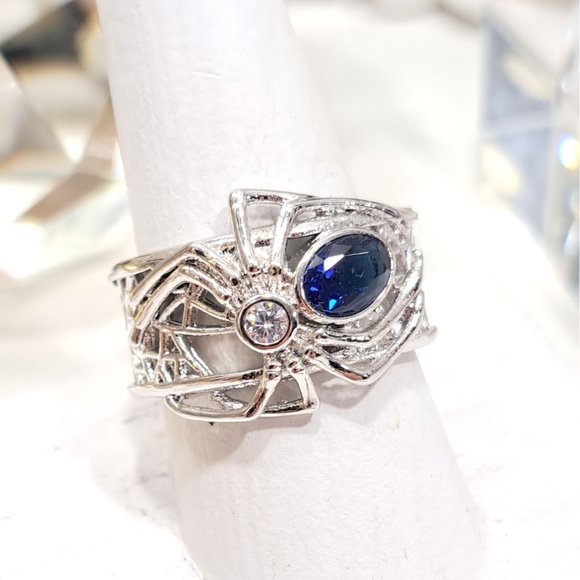 Blue Sapphire Black Widow Spider Stainless Statement Ring - Picture 3 of 13